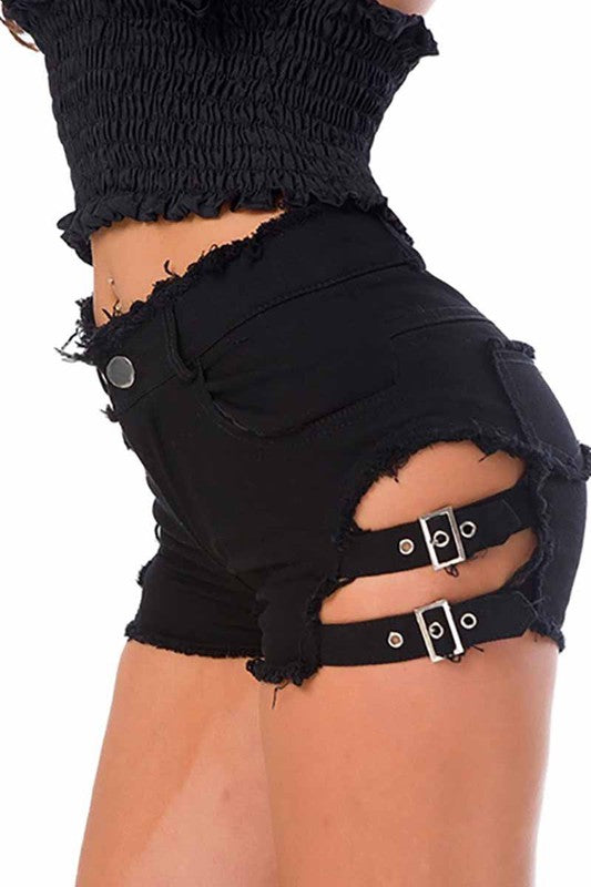Cut Out Open Side Buckle Up Denim Shorts
