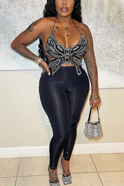 Rhinestone Backless Butterfly Shirt
