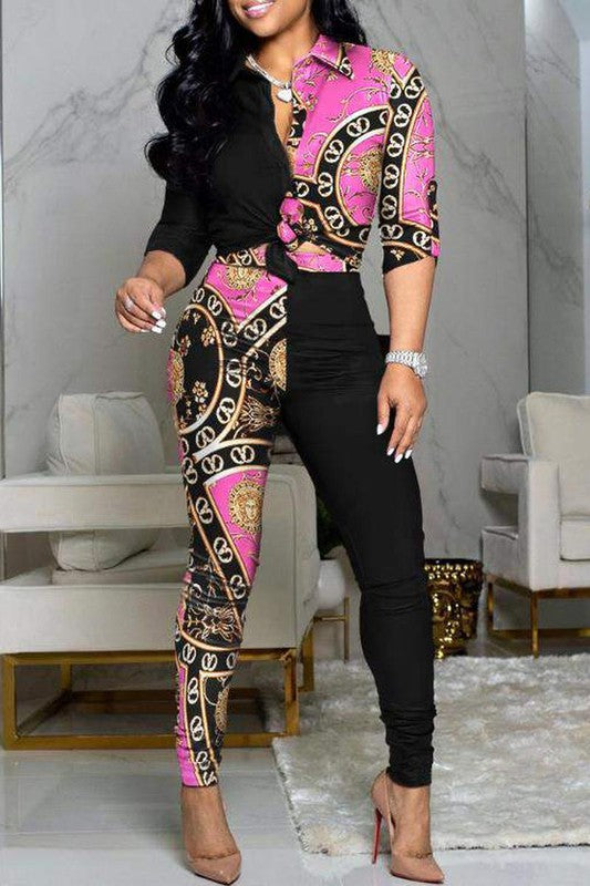 Front Knot Button Top High Waist Pants Set