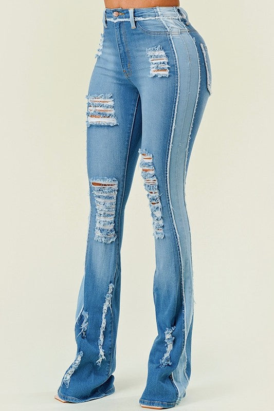 High Rise Out Seam Distressed Jeans