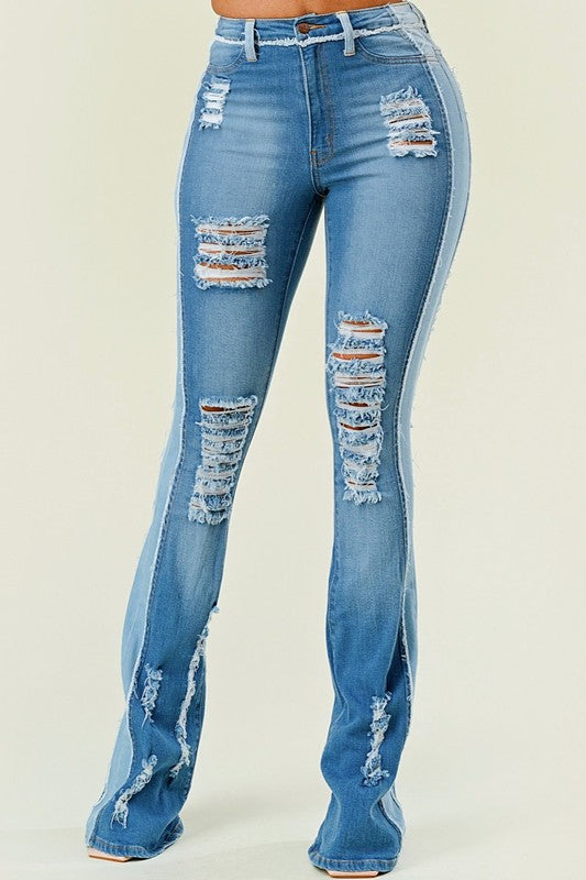 High Rise Out Seam Distressed Jeans