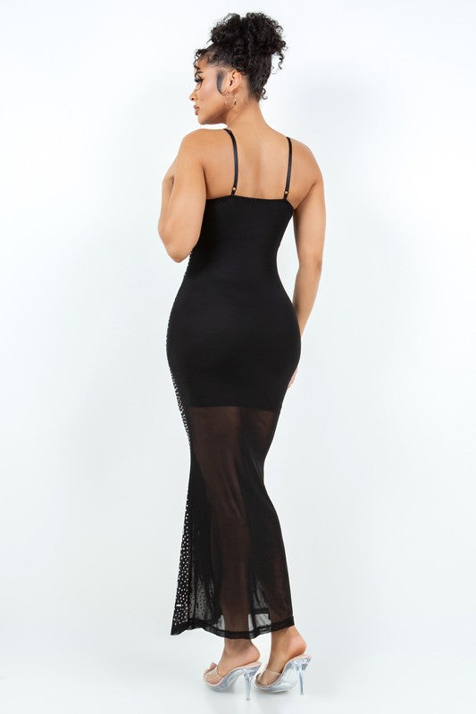 RHINSTONE EMBELLISHED MESH MAXI DRESS