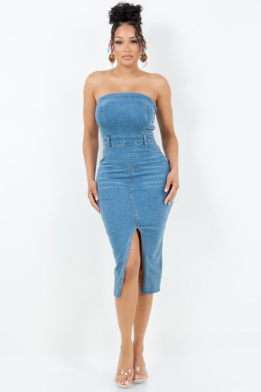 SPLIT THIGH TUBE DENIM DRESS