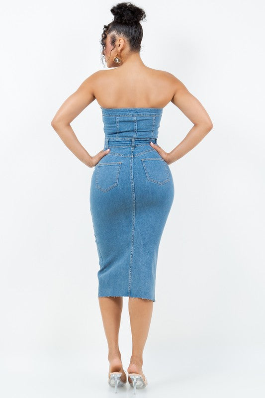 SPLIT THIGH TUBE DENIM DRESS