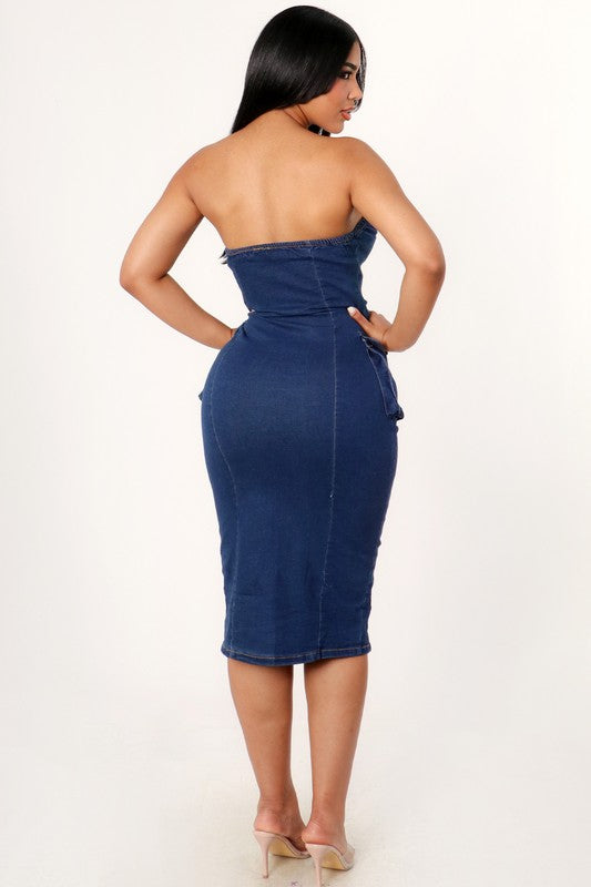 BUTTON DOWN STRAPLESS MIDI DENIM DRESS