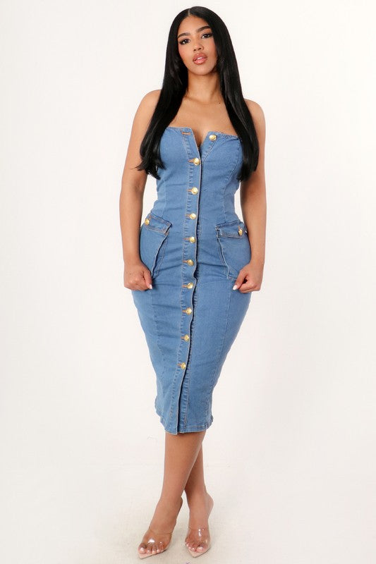 BUTTON DOWN STRAPLESS MIDI DENIM DRESS