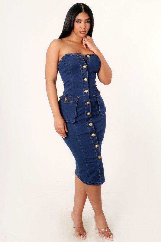 BUTTON DOWN STRAPLESS MIDI DENIM DRESS