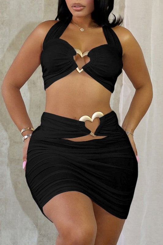Heart Buckle Halter Cutout Top And Mini Skirt Set