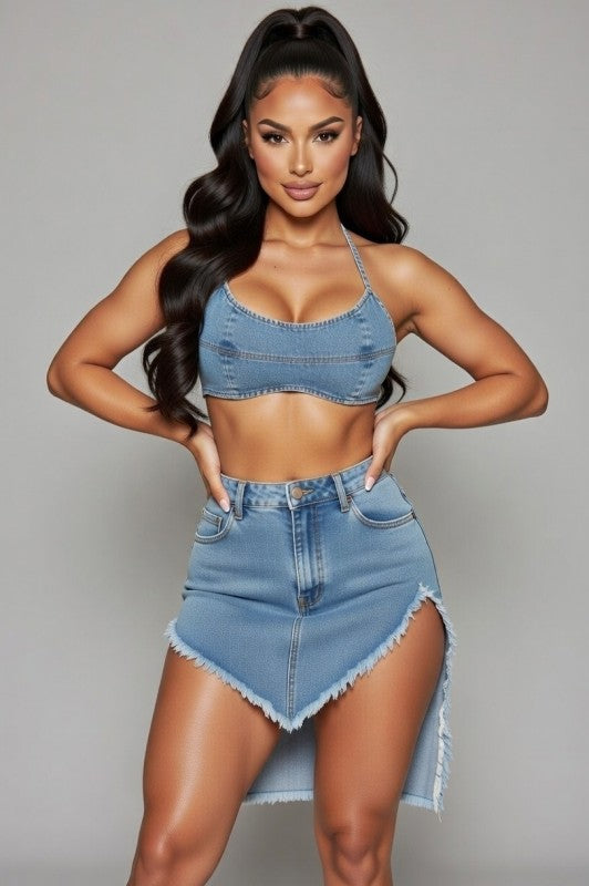 Denim Crop Top And Low Rise Skirt Set