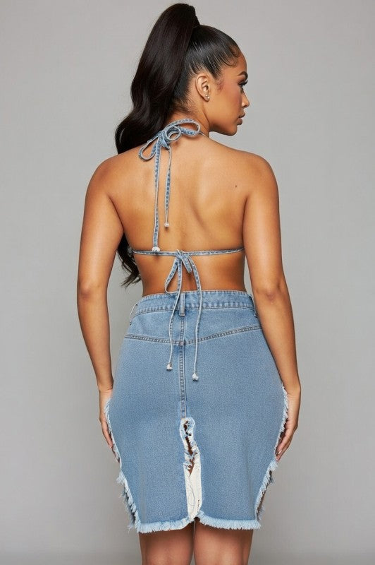 Denim Crop Top And Low Rise Skirt Set