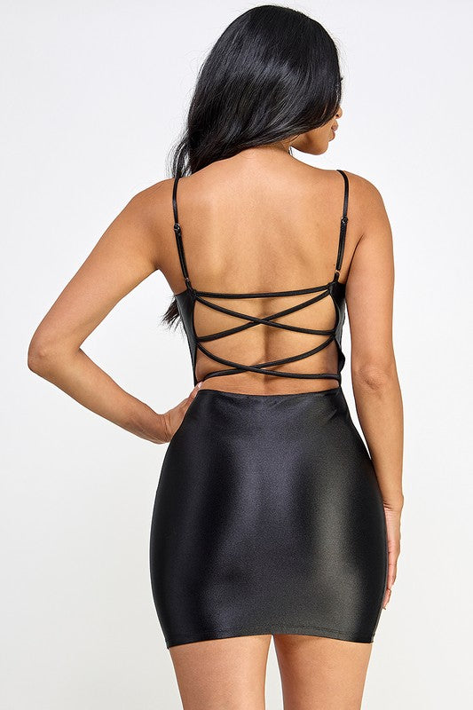 Satin Spaghetti Cross Backs Front Slit Mini