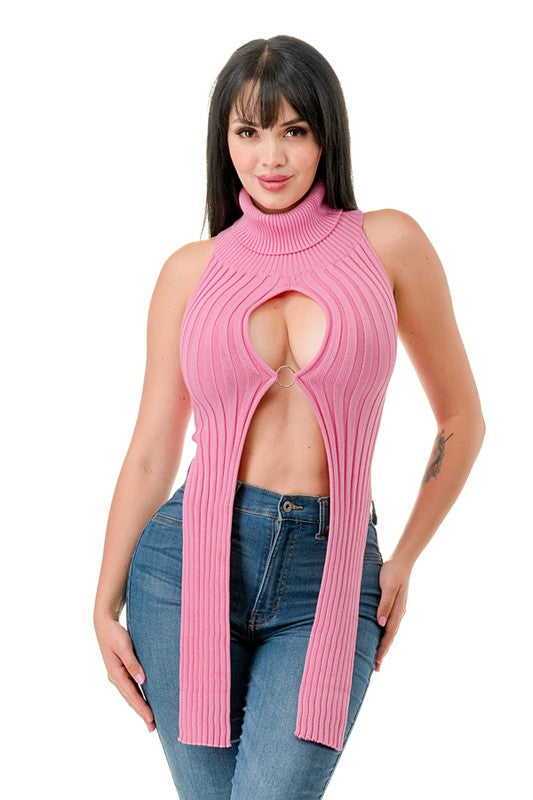 Open Front Ring Turtleneck Crop Top