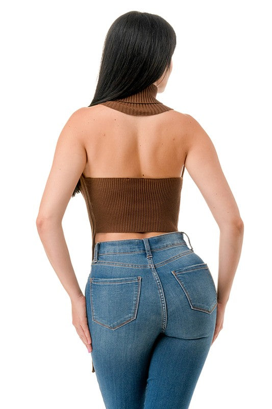 Open Front Ring Turtleneck Crop Top