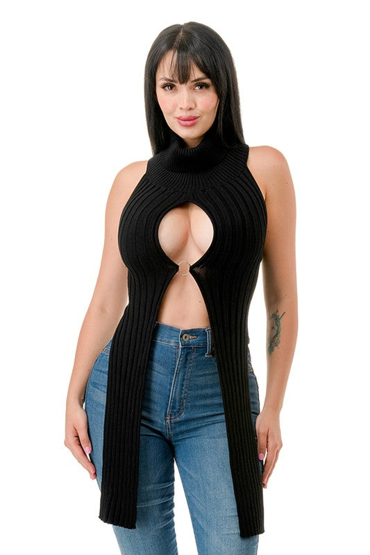 Open Front Ring Turtleneck Crop Top