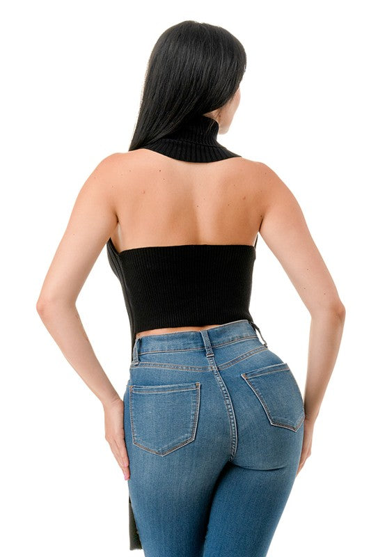 Open Front Ring Turtleneck Crop Top