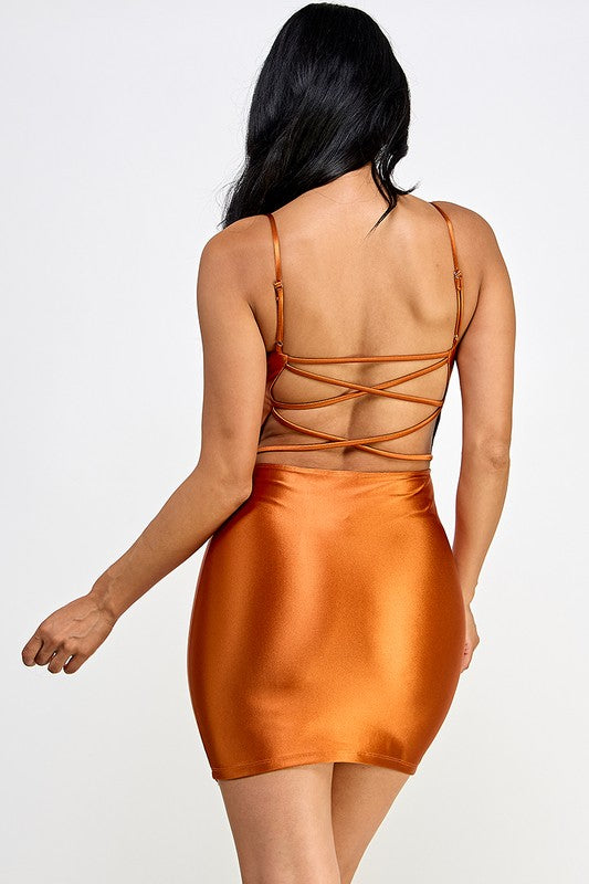 Satin Spaghetti Cross Backs Front Slit Mini