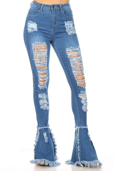 DENIM DESTROYED FLARE LEG PANTS