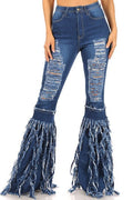 DENIM FLARE DESTROYED TESSEL PANTS