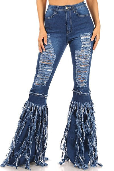 DENIM FLARE DESTROYED TESSEL PANTS