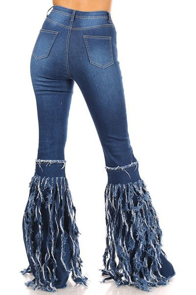 DENIM FLARE DESTROYED TESSEL PANTS
