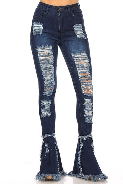 DENIM DESTROYED FLARE LEG PANTS