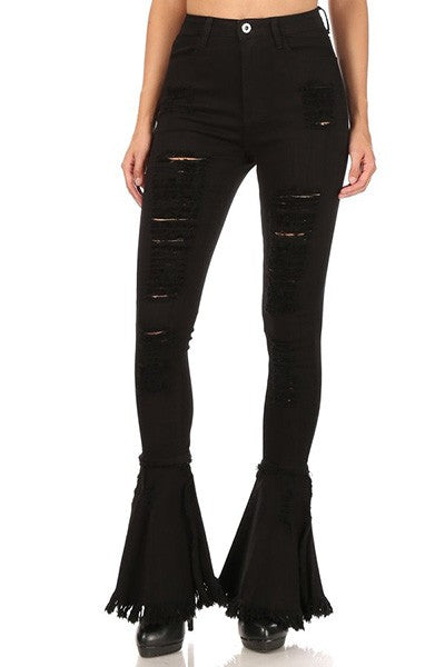 DENIM DESTROYED FLARE LEG PANTS