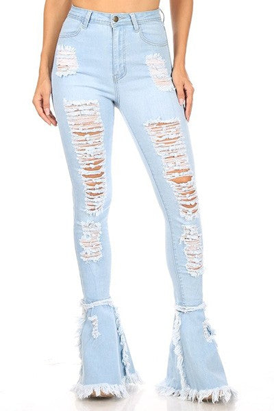 DENIM DESTROYED FLARE LEG PANTS