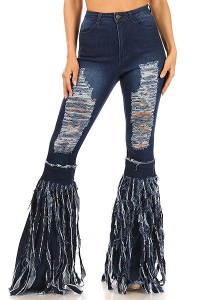 DENIM FLARE DESTROYED TESSEL PANTS