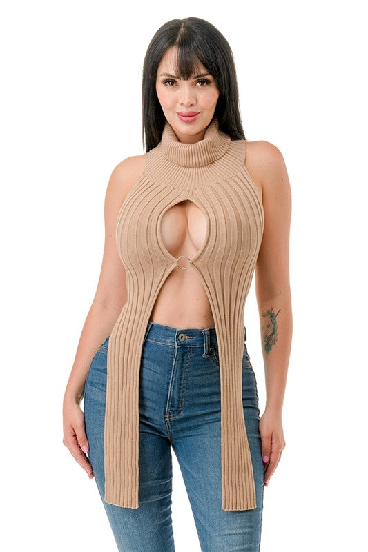 Open Front Ring Turtleneck Crop Top