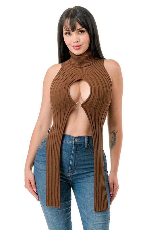 Open Front Ring Turtleneck Crop Top