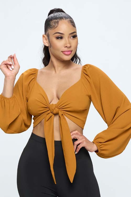 V Neck Knot-Front Puffy Sleeve Crop Top