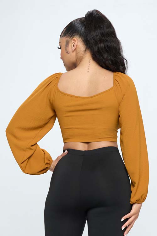V Neck Knot-Front Puffy Sleeve Crop Top